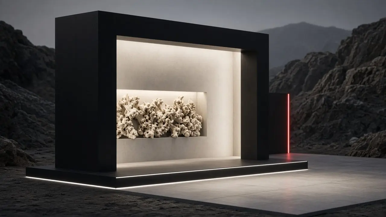 Concept render of a black monolithic frame in a dark landscape with a lit white organic sculpture inside