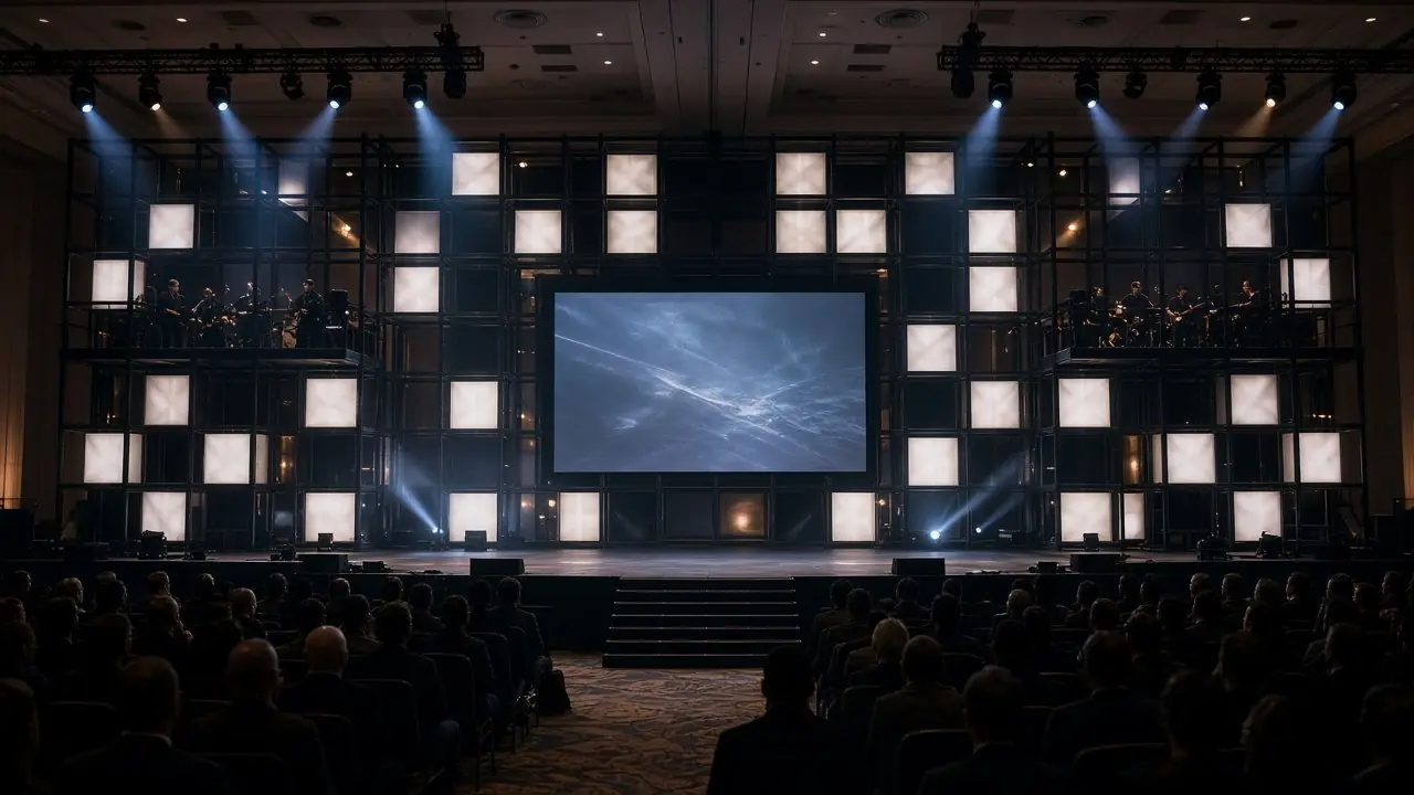 Concept render of a dark ballroom stage with a wall of glowing white light boxes around a large screen