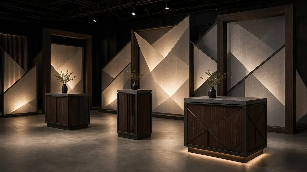 Concept render of three dark timber pedestals with stone tops before large backlit fabric frames
