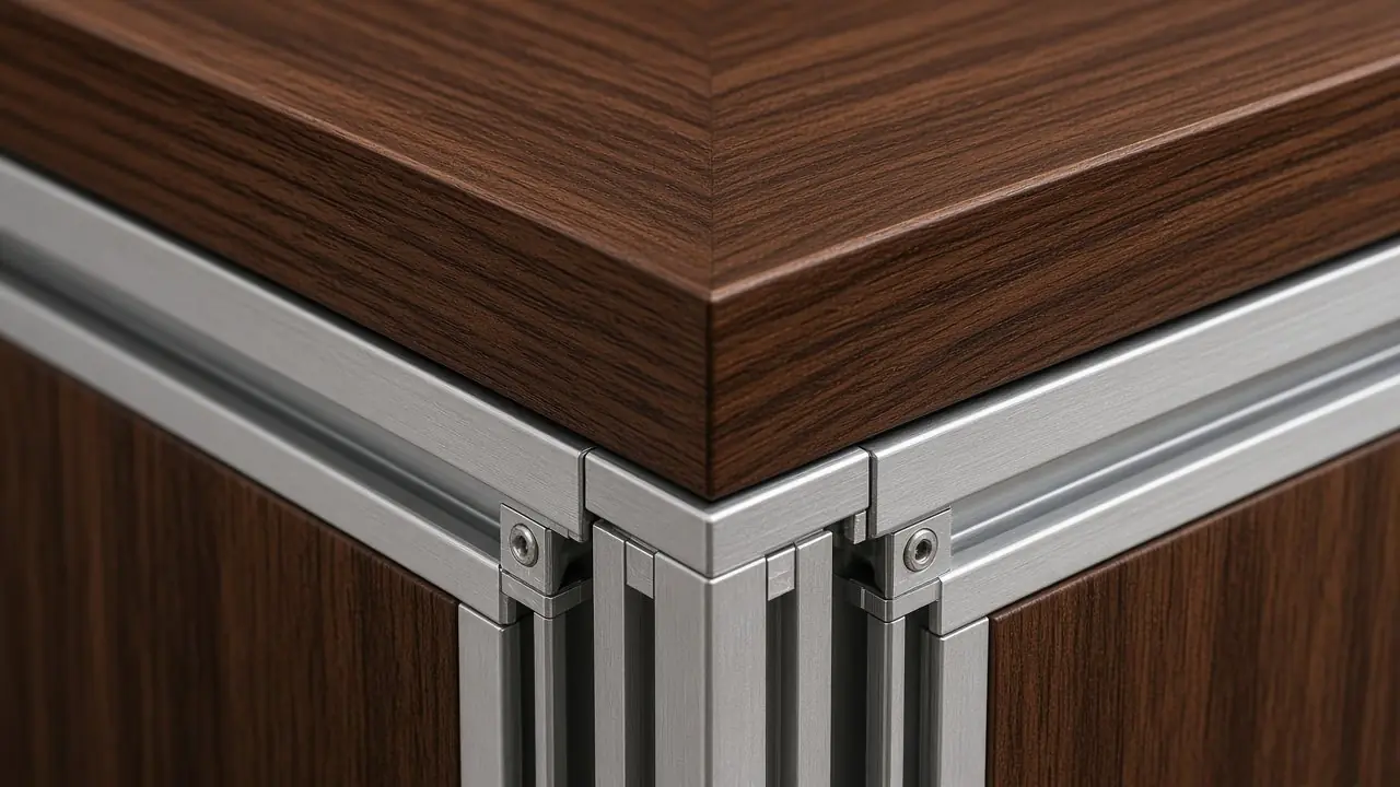 Close-up detail of dark timber panels meeting a brushed aluminum extrusion frame with socket-head bolts