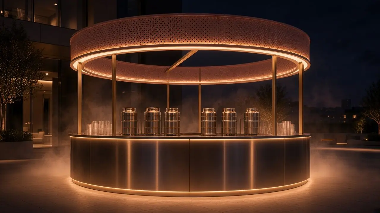 Concept render of a circular bar with a perforated metal canopy glowing at night