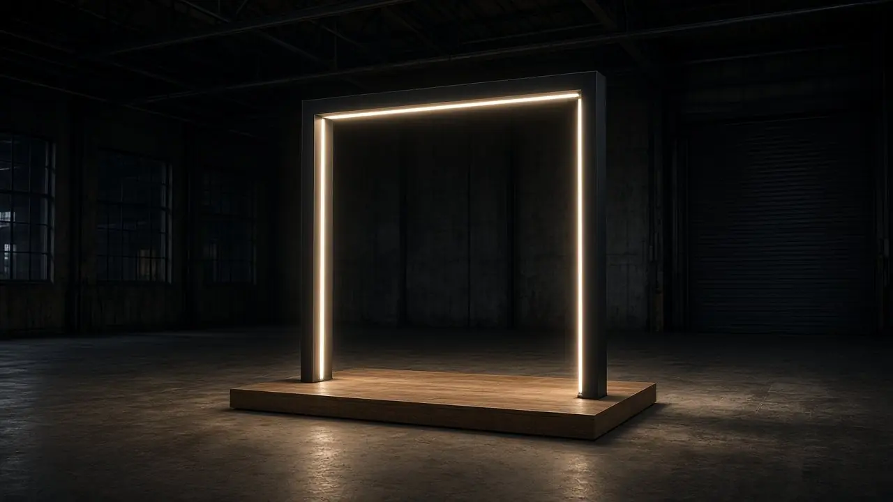 Concept render of a square glowing frame portal on a low wooden platform in a dark warehouse