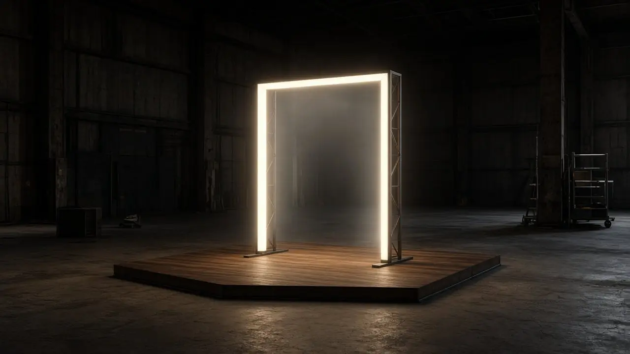 Concept render of a tall glowing frame filled with mist on a hexagonal wooden platform