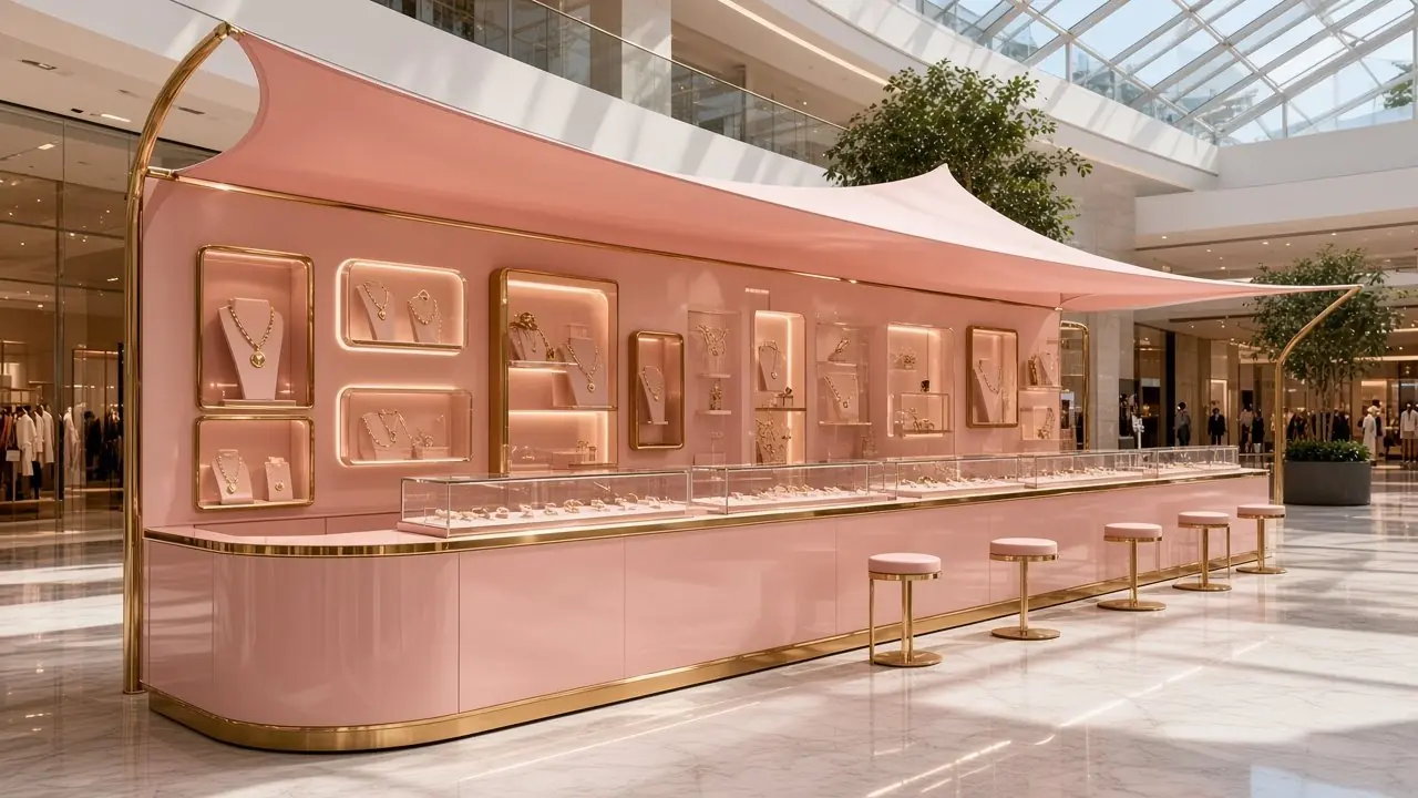 Concept render of a curved pink counter with gold trim under a fabric canopy