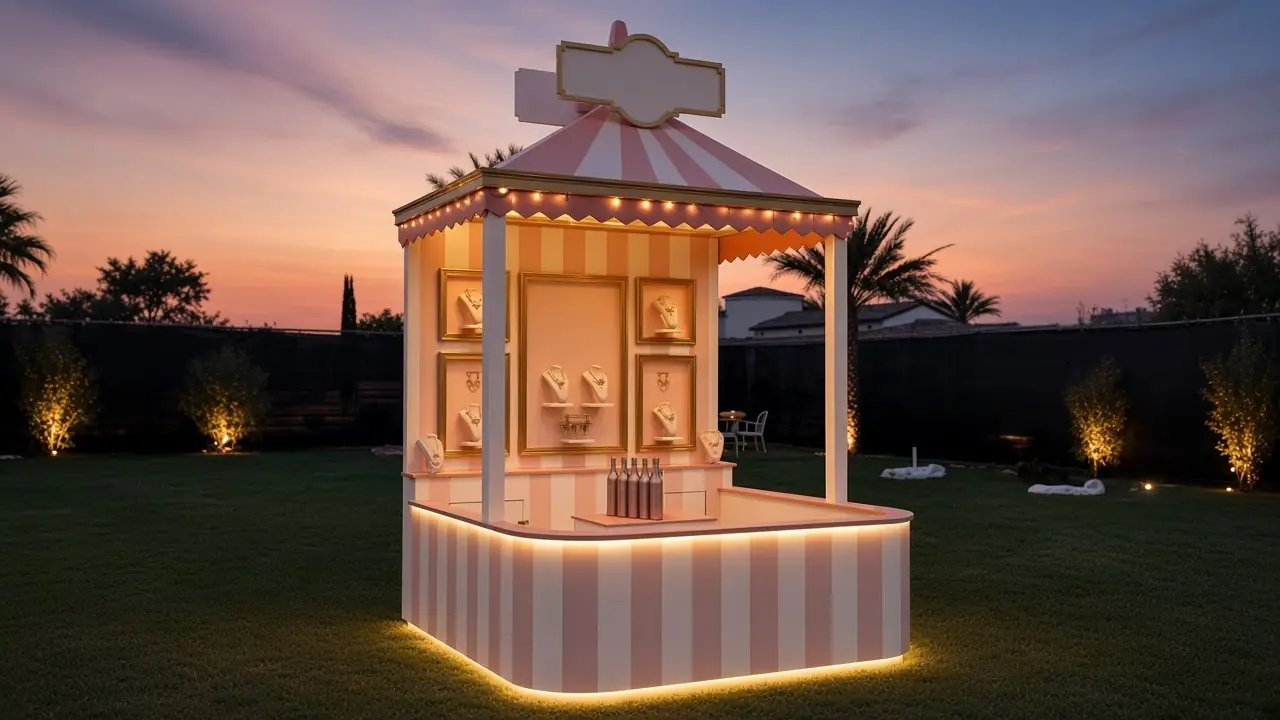 Concept render of a pink-and-white striped pop-up kiosk lit from within at dusk