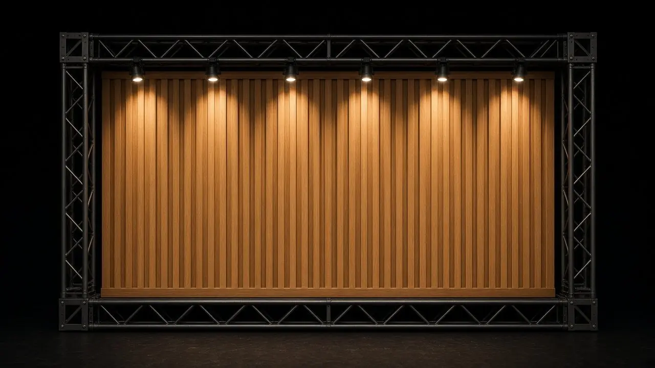 Concept render of a backlit slatted panel framed in black truss under spotlights