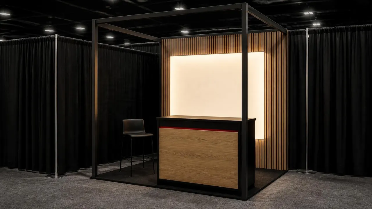 Concept render: 10×10 inline rental booth with a blackened steel frame, oak slat wall, blank backlit panel and an oak counter