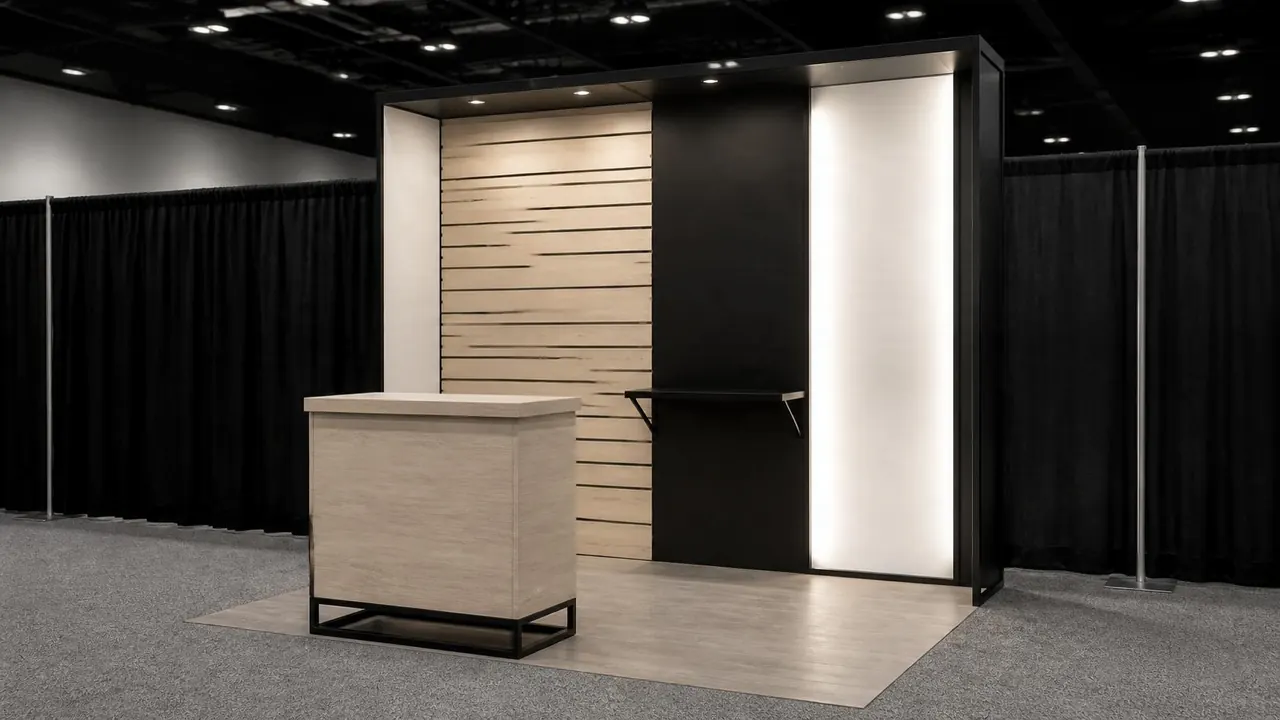 Concept render: 10×10 inline booth in a light finish with pale oak slats, a black panel, a backlit fabric strip and a pale oak counter