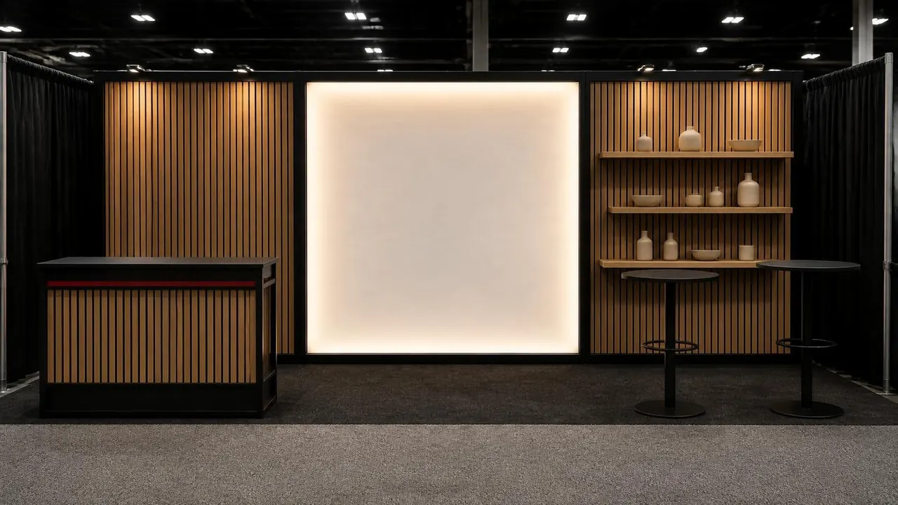 Concept render: 10×20 inline rental booth with oak slat bays, a blank backlit panel, open shelves and two high tables