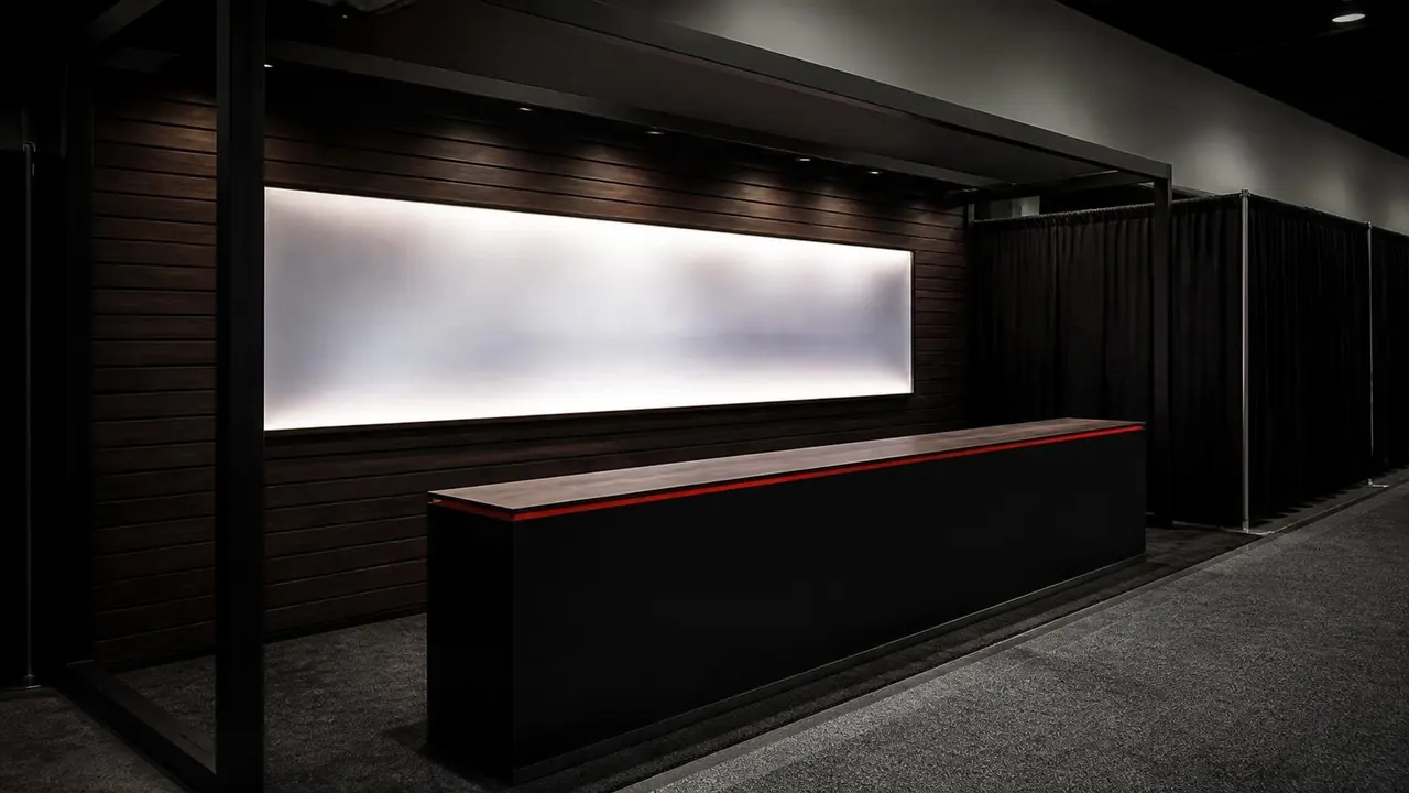 Concept render: 10×20 inline rental booth in a dark finish with a long backlit panel and a black counter with a red edge